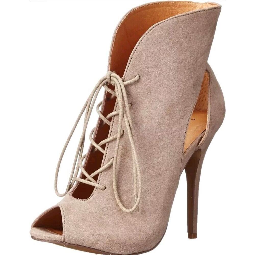 Chinese Laundry Taupe Tan Brown Peep Toe Cut Out Lace UP‎ Stilettos Heels Sz 10